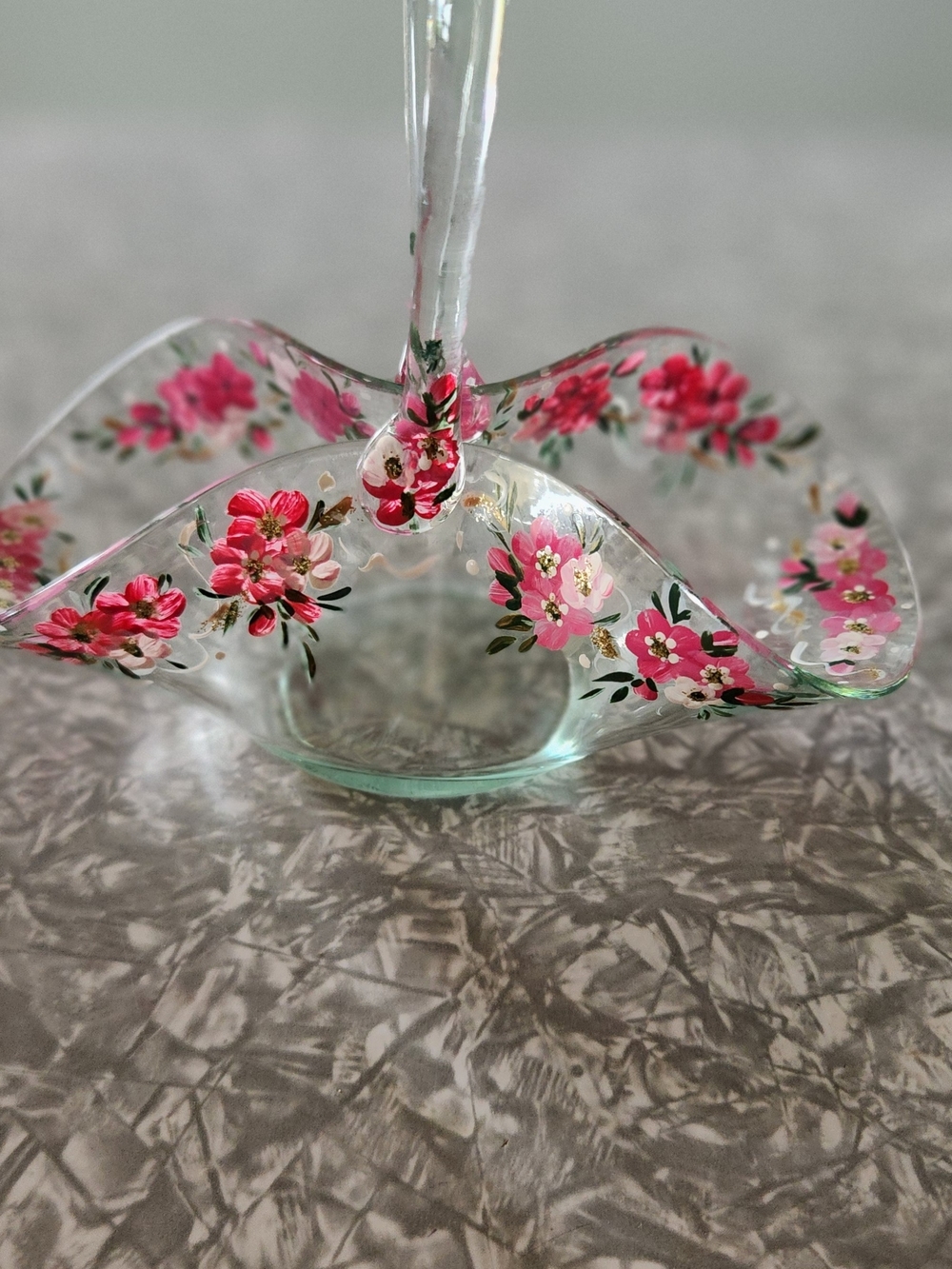 Hand-Painted Pink Floral Glass Centerpiece Basket - Picture 5 of 8